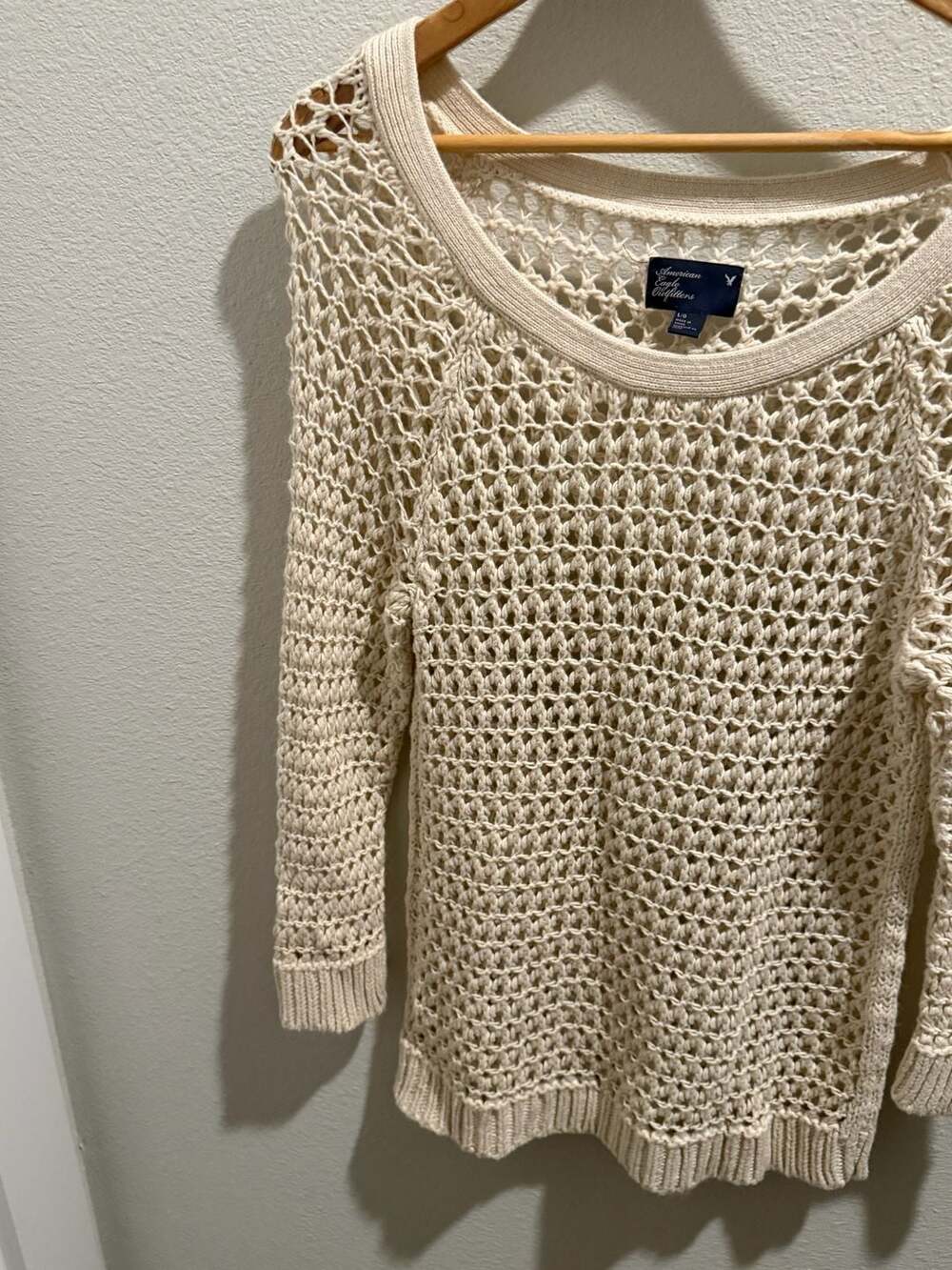 American Eagle Outfitters Cream Open Knit Crochet Fisherman Pullover Sweater - Picture 5 of 11